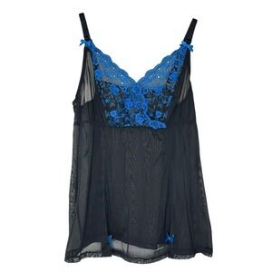 NEW Cacique Babydoll Thong Set 18/20 Black Blue Mesh Lace Floral Bows Lingerie